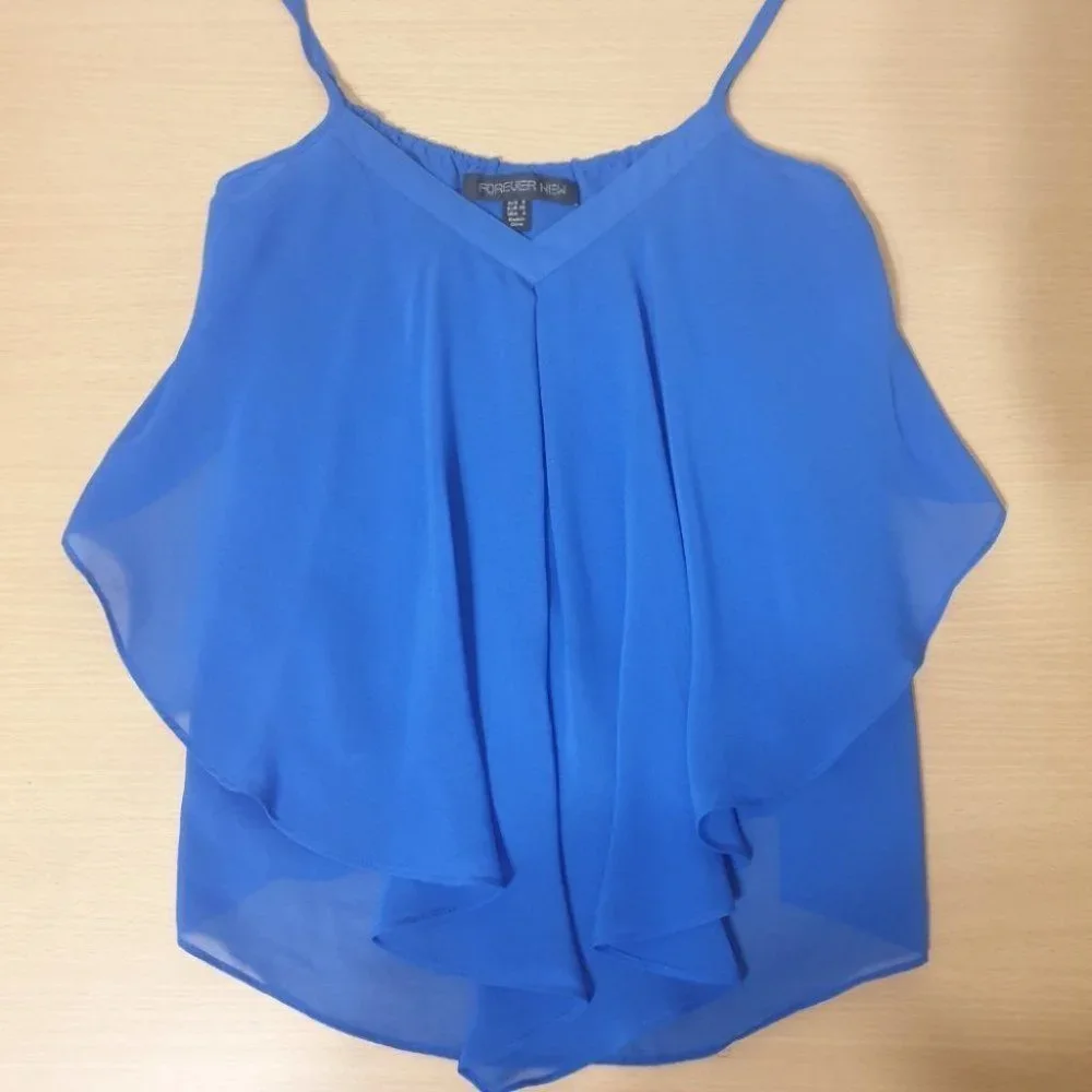 FOREVER NEW Blue V-Neck Layered Flowy Top AU-8 w/ Adjustable Spaghetti Straps - Picture 15 of 15
